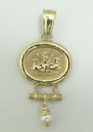 Elegant 14k Yellow Gold Ancient Art Pearl Dangle Pendant 2.  2 " 6.  5grams D7461