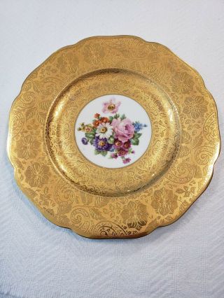 Single Bavarian Heavy 22 Kt Gold Porcelan Dinner Plate Withfloral Design In Ctr