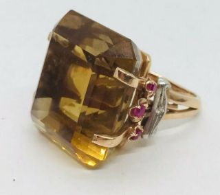 Antique Retro 14k Yellow Gold Platinum Large Citrine Ruby Diamond Ring Size 6.  5