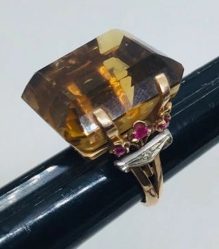 Antique Retro 14k Yellow Gold Platinum Large Citrine Ruby Diamond Ring Size 6.  5 8