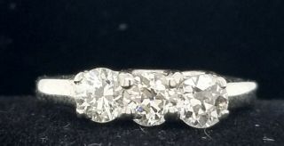 0.  92ct Vintage Platinum Three Stone Engagement Ring Old Mine Diamond Si1 - H