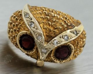 Ladies Heavy Vintage 14k 585 Yellow Gold Diamond Garnet Textured Owl Eyes Ring