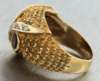 Ladies Heavy Vintage 14K 585 Yellow Gold Diamond Garnet Textured Owl Eyes Ring 3