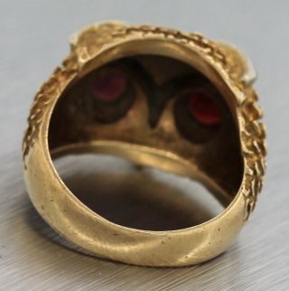 Ladies Heavy Vintage 14K 585 Yellow Gold Diamond Garnet Textured Owl Eyes Ring 4