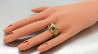 Ladies Heavy Vintage 14K 585 Yellow Gold Diamond Garnet Textured Owl Eyes Ring 5