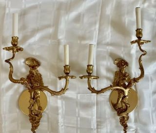 Chinoiserie Bronze Brass French Figural Wall Sconce Pair Oriental Asian Sconces