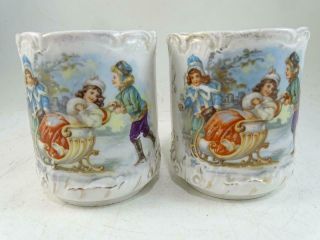 Antique Victorian Porcelain Christmas Coffee Cup Mug Winter Set German Vintage 2