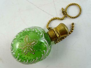 Antique Victorian Green Art Glass Enamel Brass Perfume Bottle Vintage 1800s Vtg