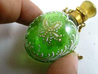 Antique Victorian Green Art Glass Enamel Brass Perfume Bottle Vintage 1800s Vtg 2