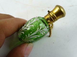 Antique Victorian Green Art Glass Enamel Brass Perfume Bottle Vintage 1800s Vtg 3