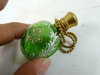 Antique Victorian Green Art Glass Enamel Brass Perfume Bottle Vintage 1800s Vtg 4