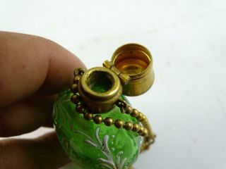 Antique Victorian Green Art Glass Enamel Brass Perfume Bottle Vintage 1800s Vtg 5