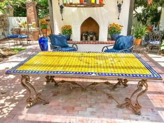French Vintage Moroccan Tile Table Top With Ornate Iron Base