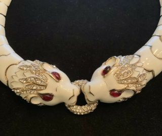 Rare Vintage Signed Ciner Jeweled Panther Dragon Statement Necklace White Enamel