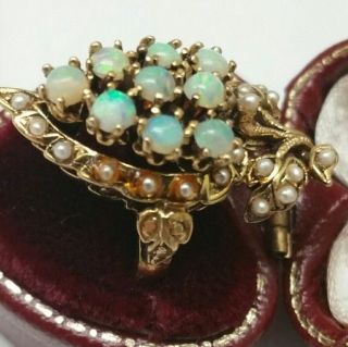 Antique Unique 14k Yellow Gold Opal Seed Pearl Ring