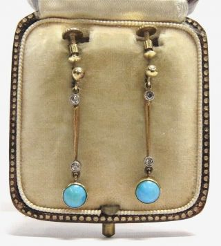 Fine Antique Edwardian 9ct Gold Turquoise & Diamond Drop Pendant Earrings Cased