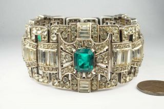 Heavy Art Deco German Silver & Emerald Paste Bracelet By Knoll & Pregizer