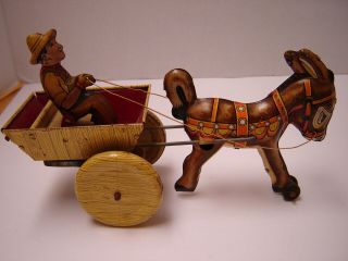 Vintage Marx Tin Toy Wind Up Donkey & Cart,