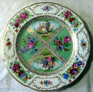 A Black Knight Green Quatrefoil Hand Painted Courting Couple 10 3/4 " Plate