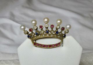 Edwardian.  65ct Omc Diamond Ruby Sapphire Pearl Crown Brooch Belle Epoque 14k