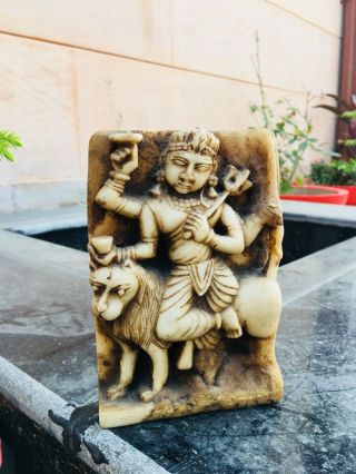 Ancient Old Marble Hand Carved Fine Hindu Goddess Durga Statue Sculpture
