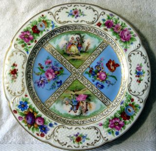 A Black Knight Blue Quatrefoil Hand Painted Courting Couple 10 3/4 " Plate