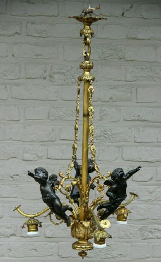 Antique French Bronze 3 Putti Angel Cherubs Chandelier 3 Arms 1920