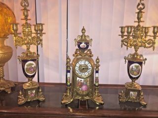 Imperial Antique Italian Bronze And Porcelain Clock With Candelabras Urn