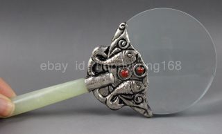 Old Handwork Jade Armoured Miao Silver Flower Usable Magnifying Glass B02