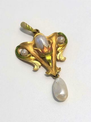 Stunning Antique 14k Gold & Enamel Krementz Art Nouveau Flower Pendant W/ Pearls