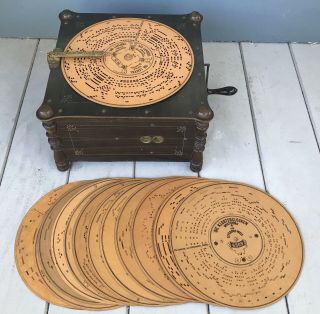 Antique 19th Century Ariston Disc Music Box Organette With 14 Discs