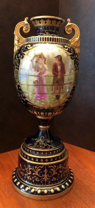 Antique German Porcelain Royal Bonn Two Handled Floral Vase,  Circa 1900 13 - 1/2”