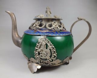 Chinese Handwork Old Green Jade Bracelet Inlay Tibet - Silver Dragon Teapot