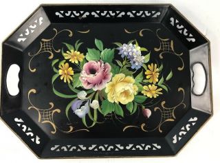 Pilgrim Art Metal Tole Serving Tray 143 Floral Toleware Hand Painted Black 18.  25