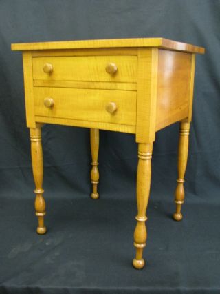 Antique Mid - 19th Century Tiger Maple Two Drawer Stand; Nicely Turned Legs