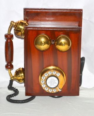Antique Style Brass Wood Retro Wall Mounted Telephone Dial Ancient Primitive