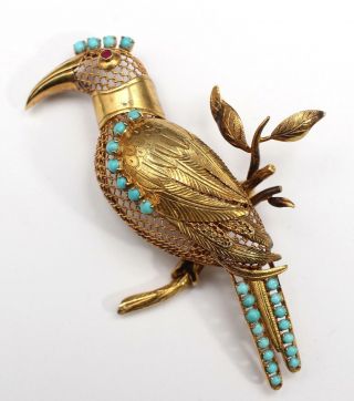 Antique Handmade 14tk Yellow Gold Turquoise Ruby Finely Detailed Bird Brooch Pin