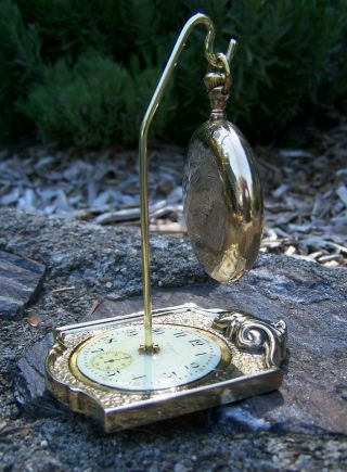 Unusual Solid Brass Pocket Watch Stand With Antique 18 Size American Watch Dial