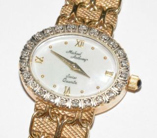 Vintage Womens Michael Anthony Solid 14k Yellow Gold Watch,  Band With Diamonds