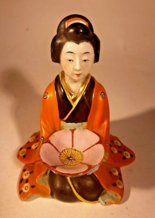 Antique Japanese Fine Porcelain Enamel Hand Painted Figurine Geisha W Lotus