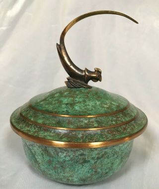 Art Deco Carl Sorensen Bronze Verdigris Bowl Bird Finial,  Danish