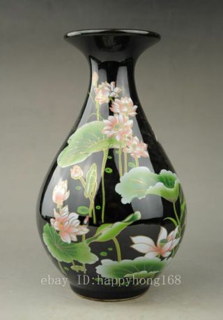 China Old Handwork Jingdezhen Black Porcelain Glaze Painting Lotus Big Vase C02