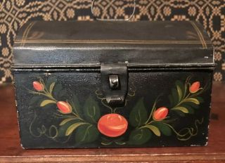 Antique Primitive Toleware Hand Painted Small Tin Document Box With Handle Aafa