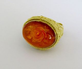 Ladies 18k 750 Yellow Gold Amber Carved Intaglio Rose Cocktail Ring 9.  9g