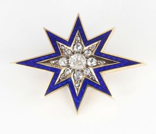 Antique Victorian 9ct Gold,  Diamond And Blue Guilloche Enamel Star Brooch