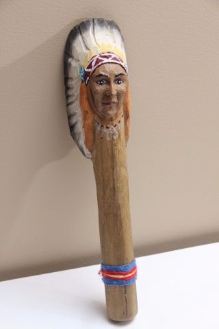 Vintage Hand Carved Folk Art Souvenir Indian Headdress Wood Rainstick