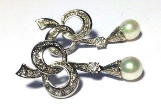 1930 ' s Art Deco 18K White Gold 1.  30CTW Diamond and Pearl Bow Drop Earrings 10