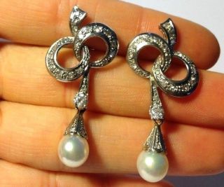 1930 ' s Art Deco 18K White Gold 1.  30CTW Diamond and Pearl Bow Drop Earrings 11