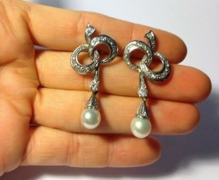 1930 ' s Art Deco 18K White Gold 1.  30CTW Diamond and Pearl Bow Drop Earrings 12