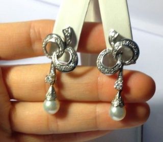 1930 ' s Art Deco 18K White Gold 1.  30CTW Diamond and Pearl Bow Drop Earrings 2